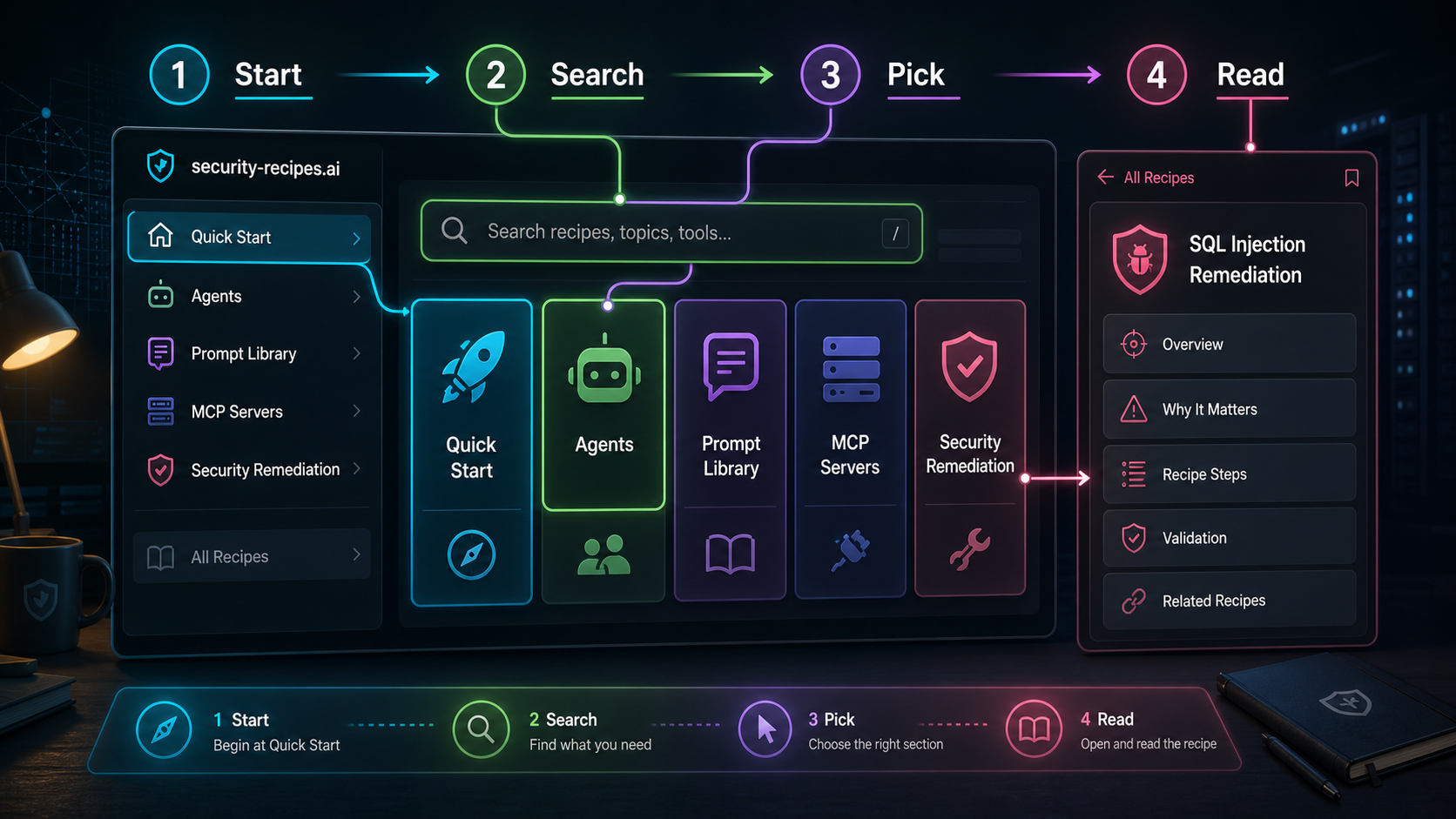 Visual map of the security-recipes.ai docs showing Start, Search, Pick, and Read across Quick Start, Agents, Prompt Library, MCP Servers, and Security Remediation.